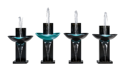 Vintage chess pieces with abstract modernist design, tiered fountains and sculptural forms in green and white porcelain, isolated on transparent background