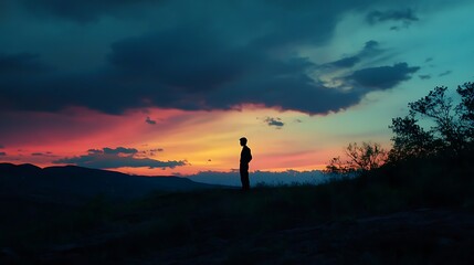 Obraz premium Silhouetted person standing on a hilltop, watching a vibrant sunset over a mountainous landscape.