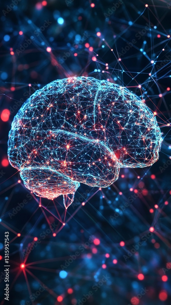 Poster this futuristic digital brain image showcases a complex neural network, illuminated with glowing nod