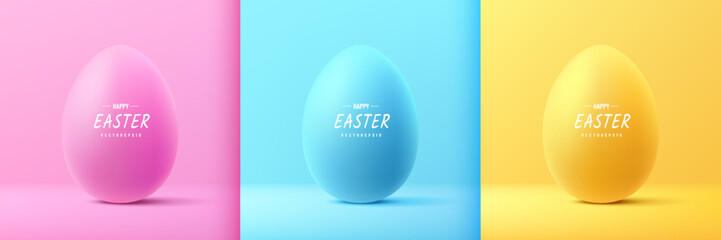 Set of 3D oval Easter eggs, Happy Easter background in pastel pink, soft blue and yellow color. Easter day element colorful. Trendy vector illustration design. Happy Easter day element collection.