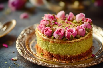 Delicate tea-time rose pistachio cake served on a shiny golden plate
