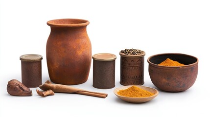 Ultra-detailed Hyper-realistic image of a rustic seasoning set with vintage spice tins, on a pure white background, isolated, sharp details, professional studio lighting
