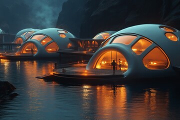 Obraz premium A group of white domed houses are lit up at night. The houses are floating on the water and are surrounded by a calm lake. The scene has a peaceful and serene mood