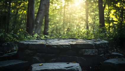 Obraz premium Sunlit Forest Clearing with Stone Platform, AI GENERATIVE