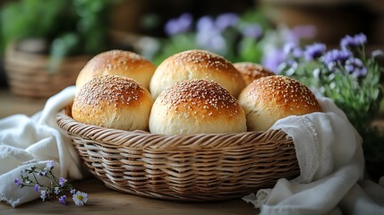 A rustic kitchen display featuring freshly baked bread in a basket with a soft white cloth and flowers