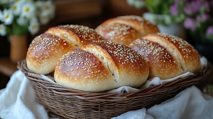 A rustic kitchen display featuring freshly baked bread in a basket with a soft white cloth and flowers