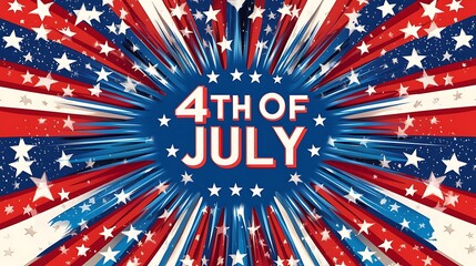 Patriotic 4th of July poster with American flag colors, radial burst pattern, and bold 3D text

