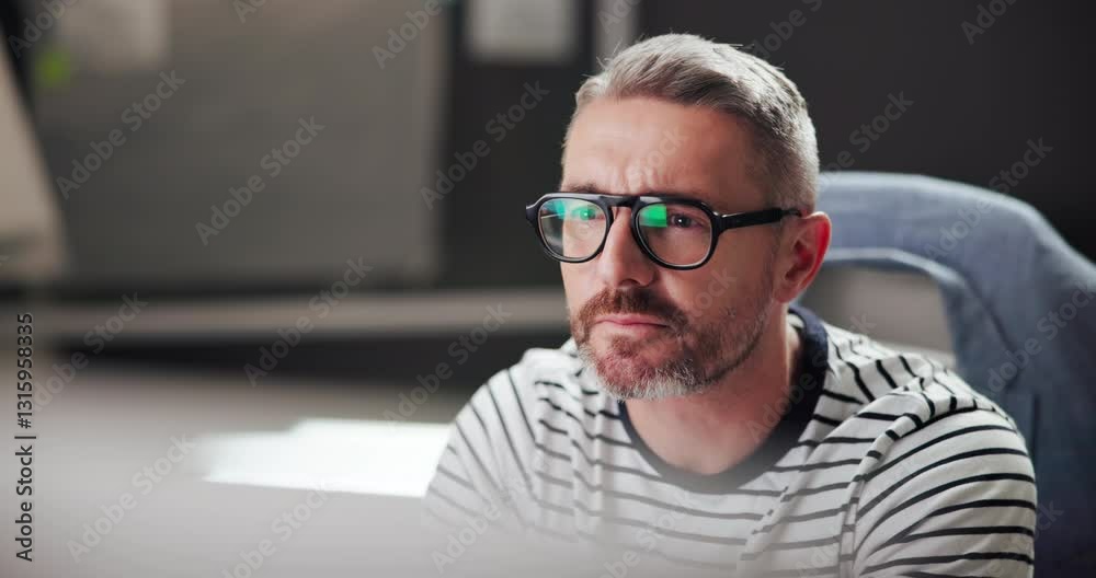 Aufkleber business, glasses and man with computer, reading and copywriter with ideas for project and article. 