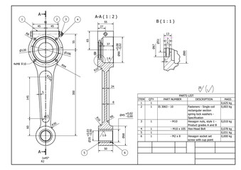 connecting rod, technical drawing, illustration, mechanical part piston engine motor,