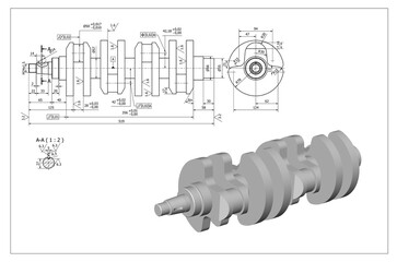 crankshaft, CAD technical drawing, and 3D illustration, mechanical part piston engine motor, white...