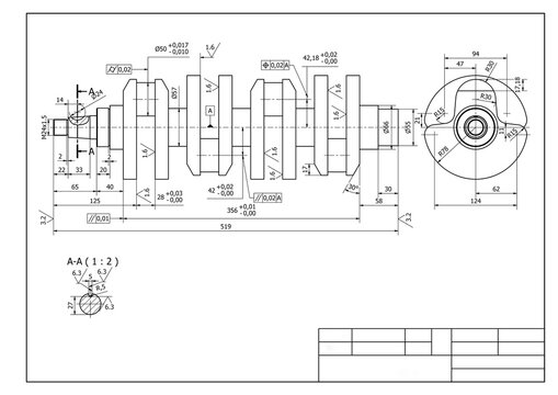 crankshaft, CAD technical drawing, illustration, mechanical part piston engine motor, white background isolated