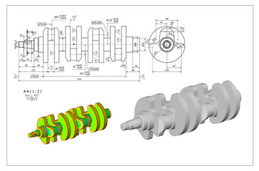 crankshaft, CAD technical drawing, and 3D illustration, structural and fatigue analysis mechanical...