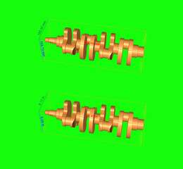crankshaft technical drawing, illustration, measurements in inches and millimeters mechanical part engine motor, green screen background