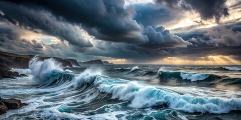 Obraz premium Dramatic Ocean Waves Crashing Against a Rugged Coastline Under a Stormy Sky with Rays of Sunlight Piercing Through the Clouds