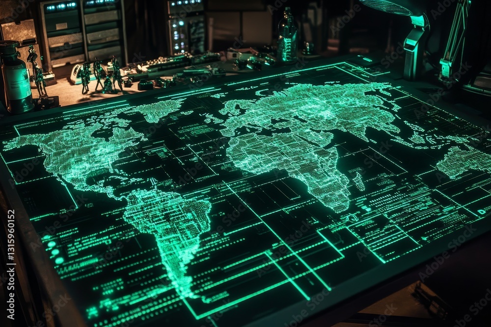 Poster a striking digital map displaying the world in glowing green hues, surrounded by technological eleme