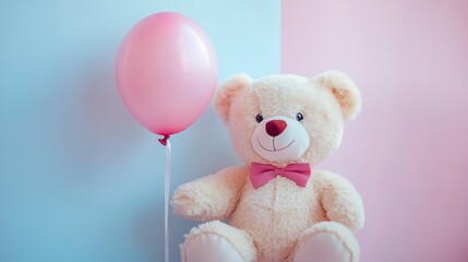 Plush teddy bear with pink balloon against pastel background.