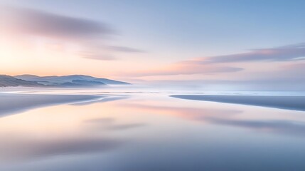 Fototapeta premium Serene coastal sunrise reflecting in calm water, pastel sky, misty beach.