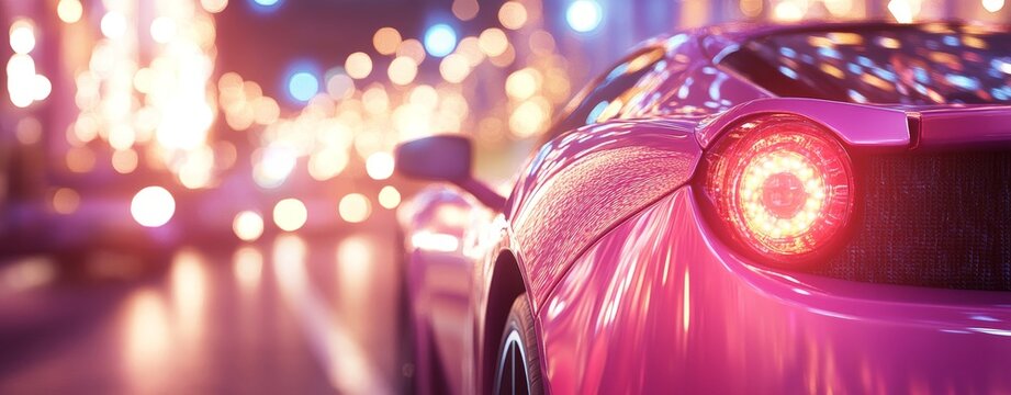 A dynamic city scene presents a sleek, pink sports car with blurred lights, suggesting speed and nightlife