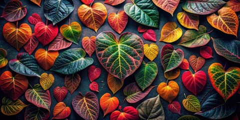 Vibrant Autumn Leaves Arranged in a Heart Shape Pattern on a Dark Background, Featuring a Rich Palette of Red, Orange, Green, and Burgundy Hues