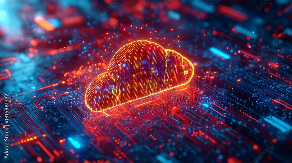 Poster an energetic digital environment showcasing illuminated clouds that signify cloud computing technolo
