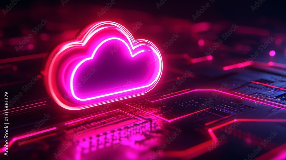 Poster a dynamic digital realm with shining clouds depicting cloud computing technology, set against an int