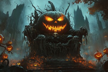 A sinister pumpkin throne surrounded by glowing jack-o'-lanterns evokes a chilling Halloween atmosphere amidst a dark and misty landscape.