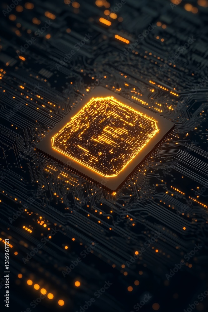 Poster an abstract view of a digital circuit board featuring a glowing microchip at the center. this image 