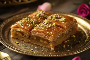 Persian-style baklava cake with pistachio and rose flavors on a golden plate