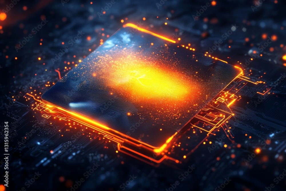 Poster glowing microchip highlighting advanced technology and innovation in computing
