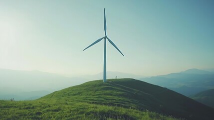 Vast, grassy hilltop with a towering wind turbine against a serene mountain backdrop