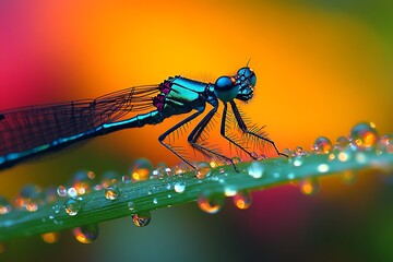 A stunning iridescent dragonfly rests atop a green blade of grass