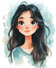 Obraz premium A charming girl with delicate features smiles cheerfully, set against a dreamy background in soft pastel tones, ideal for children's art and greeting cards