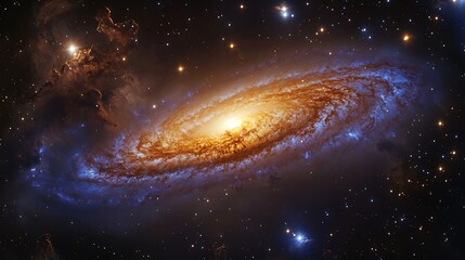 Naklejka premium Spiral galaxy with a glowing core and vibrant nebula in a starry deep space background