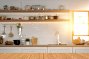Fototapeta premium Blurred view of modern kitchen interior with white furniture