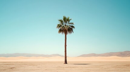 Solitary palm tree in a vast desert landscape under a clear blue sky.