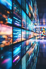 A wall of computer monitors displaying a variety of images. Scene is one of technology and innovation, with the screens displaying a wide range of content