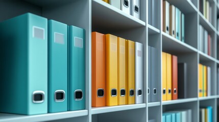 Within a sleek shelving unit, a blue drawer neatly organizes a variety of colorful files and folders, presenting a well-kept workspace