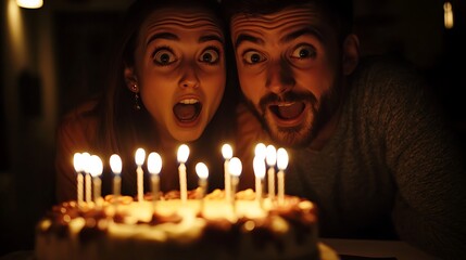 Amazed couple looking at birthday cake candles in dark room.