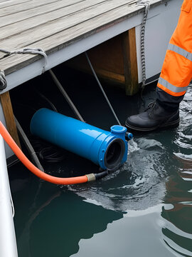 Bilge pump removes water from boat through drain scupper in Board, emergency ship drainage