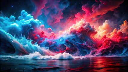 Surreal Seascape Vibrant Hues of Crimson and Azure Waves Crashing Under a Starlit, Dreamlike Sky