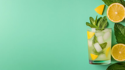 A refreshing mojito cocktail garnished with fresh mint on a table.