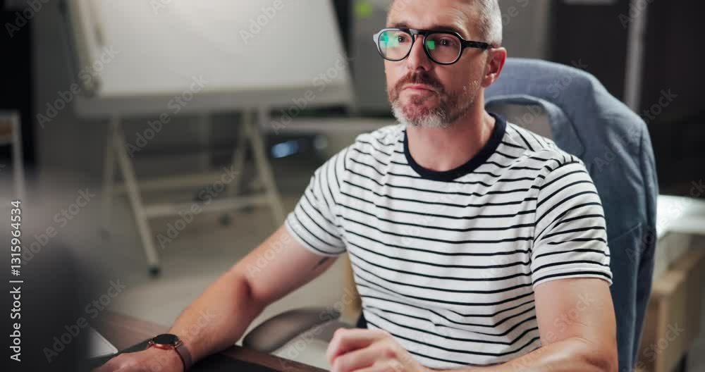 Aufkleber typing, creative and man with computer, glasses and copywriter with ideas for project and article. b