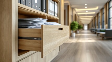An up-to-date office hallway with a wooden filing cabinet, its open drawers revealing orderly files, all within a bright and spotless environment. A close-up shot of medical records stored in a file
