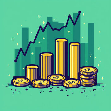 Coins and chart illustrating the comparison between stablecoins and stocks in a flat illustration style for financial analysis