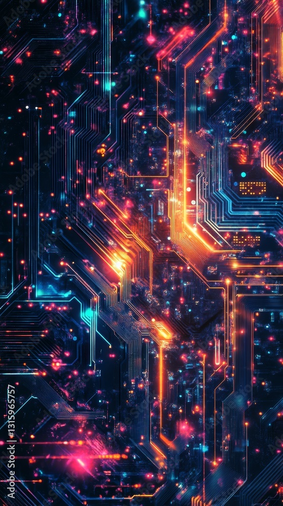 Poster an abstract digital artwork featuring a vibrant circuit board with glowing elements. the intricate d