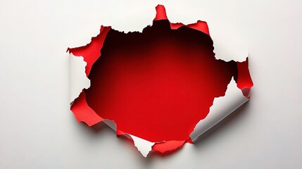 Red Paper Hole on White Background with Torn Edges and Lines
