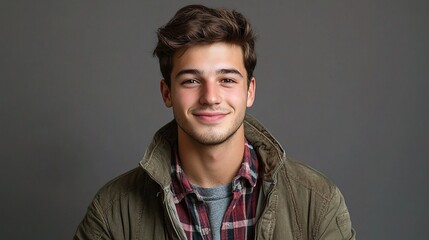 Fototapeta premium Young Man in Casual Attire Posing for Studio Portrait Background