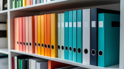 Obraz premium In a well-lit hallway, a bookshelf brimming with colorful folders creates a vibrant display, emphasizing an orderly study or office space
