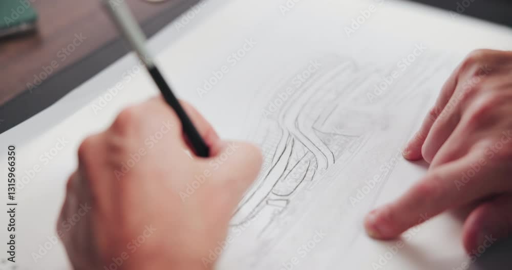 Poster Hands, architect and sketch with building, design and lines with creativity, editing or process at company. Person, engineer and paper with writing, drawing or pencil for project management at agency