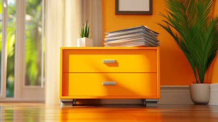 An orderly storage room, complete with orange file boxes and neatly piled papers, softly illuminated. A close-up of medical records in a file cabinet, emphasizing the different files and documents